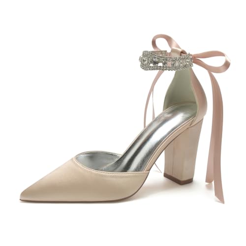 HFWXYSA Damen Blockabsatz Brautschuhe Strass Knöchelriemen Spitze Zehen Satin Hochzeitsschuhe,Champagne,41 EU von HFWXYSA