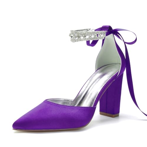 HFWXYSA Damen Blockabsatz Brautschuhe Strass Knöchelriemen Spitze Zehen Satin Hochzeitsschuhe,Dark Purple,36 EU von HFWXYSA