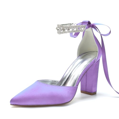 HFWXYSA Damen Blockabsatz Brautschuhe Strass Knöchelriemen Spitze Zehen Satin Hochzeitsschuhe,Light Purple,41 EU von HFWXYSA