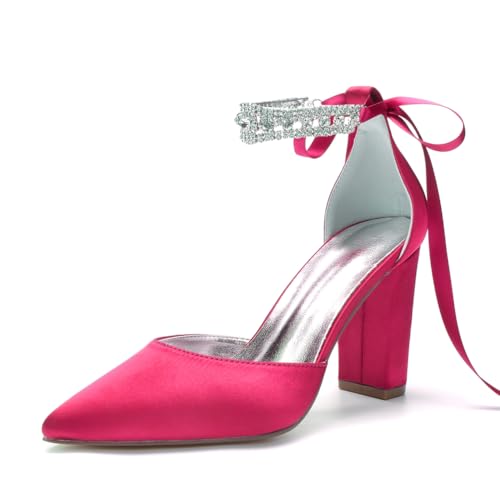 HFWXYSA Damen Blockabsatz Brautschuhe Strass Knöchelriemen Spitze Zehen Satin Hochzeitsschuhe,Rose,40 EU von HFWXYSA