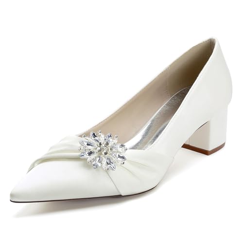 HFWXYSA Damen Blockabsatz Hochzeitsschuhe Ivory Spitze Zehen Satin Strass Diamant Abschlussball Brautschuhe,Elfenbein,42 EU von HFWXYSA