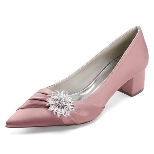 HFWXYSA Damen Blockabsatz Hochzeitsschuhe Ivory Spitze Zehen Satin Strass Diamant Abschlussball Brautschuhe,Rosa,42 EU von HFWXYSA