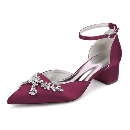 HFWXYSA Damen Blockabsatz Hochzeitsschuhe Knöchelriemen Pumps Spitze Zehen Satin Strass Party Brautschuhe,Burgundy,41 EU HFWXYSA Damen Blockabsatz Hochzeitsschuhe Knöchelriemen Pumps Spitze Zehen Satin Strass Party Brautschuhe,Burgundy,41 EU von HFWXYSA