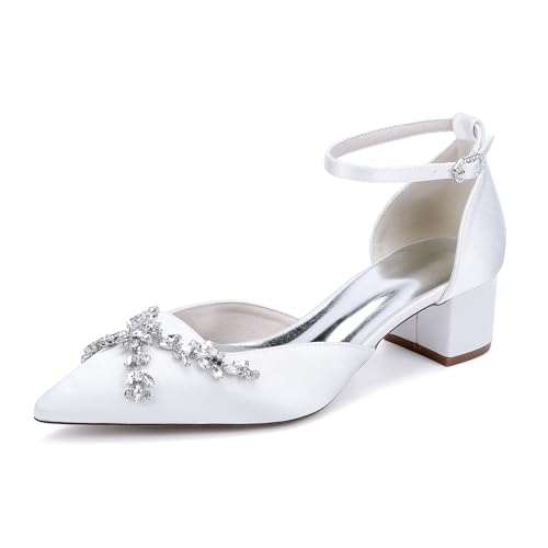 HFWXYSA Damen Blockabsatz Hochzeitsschuhe Knöchelriemen Pumps Spitze Zehen Satin Strass Party Brautschuhe,Weiß,43 EU von HFWXYSA