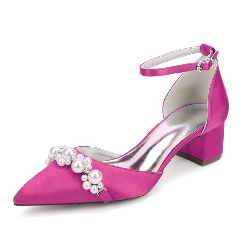 HFWXYSA Damen Blockabsatz Hochzeitsschuhe Mit Perlen Satin Knöchelriemen Geschlossene Zehen Braut Abendschuhe,Fuchsia,36 EU von HFWXYSA
