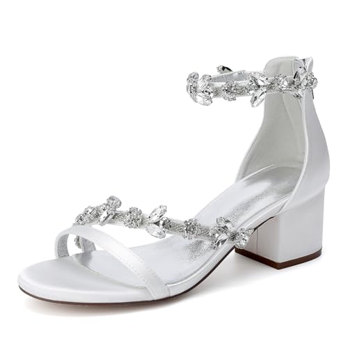 HFWXYSA Damen Blockabsatz Hochzeitsschuhe Offener Zehen Sommer Sandalen Knöchelriemen Brautschuhe Abendschuhe,Elfenbein,41 EU von HFWXYSA