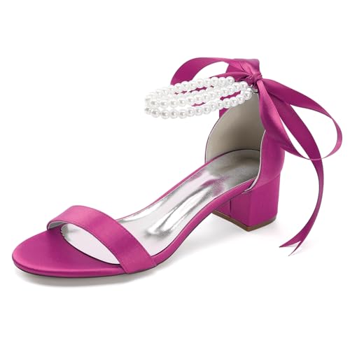 HFWXYSA Damen Blockabsatz Perle Knochel Riemchen Kleid Sandalen Blumenband Offene Zehen Hochzeit Braut Party Schuhe,Rosa,39 EU von HFWXYSA