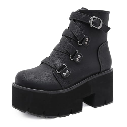 HFWXYSA Damen Blockabsatz Plateau Stiefeletten Goth Blockabsatz High Heels Ankle Boots Zum Schnüren Punk Schuhe,Schwarz,41 EU von HFWXYSA