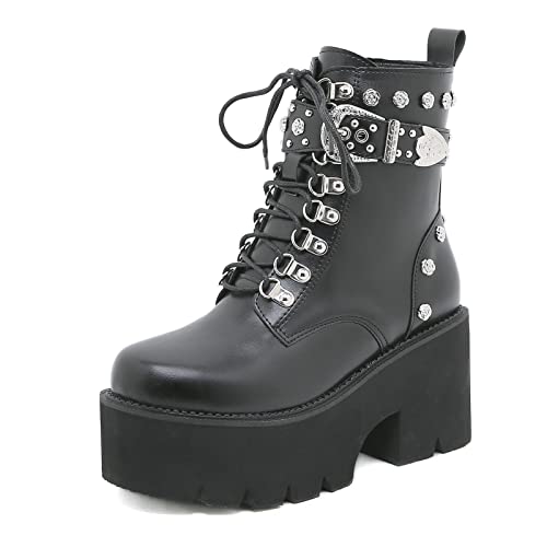 HFWXYSA Damen Blockabsatz Plateau Stiefeletten Mit Schnalle Reißverschluss Runde Zehen Punk Gothic Schnürstiefel,Schwarz,41 EU HFWXYSA Damen Blockabsatz Plateau Stiefeletten Mit Schnalle Reißverschluss Runde Zehen Punk Gothic Schnürstiefel,Schwarz,41 EU von HFWXYSA