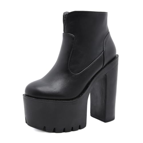HFWXYSA Damen Blockabsatz Platform Stiefeletten Abgerundeter Zehenpartie Reißverschluss Chelsea Stiefel,Schwarz,40 EU von HFWXYSA