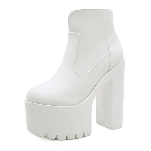 HFWXYSA Damen Blockabsatz Platform Stiefeletten Abgerundeter Zehenpartie Reißverschluss Chelsea Stiefel,Weiß,42 EU von HFWXYSA