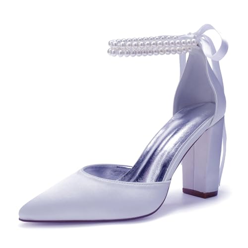 HFWXYSA Damen Blockabsatz Satin Hochzeitsschuhe für Braut Geschlossene Spitze Zehen Brautschuhe Knöchelriemen Abschlussball Party Kleid Pumps,Weiß,36 EU von HFWXYSA
