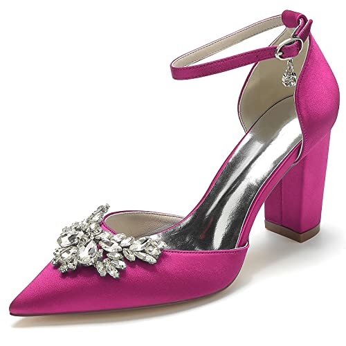 HFWXYSA Damen Braut Sandalen Mit Knöchelriemen Geschlossene Zehenbereich Satin Strass Blockabsatz Hochzeit Kleidschuhe,Fuchsia,38 EU von HFWXYSA