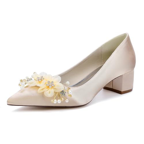 HFWXYSA Damen Brautschuhe Closed Toe Chunky Heel Spitze Satin Pumps Slip on Hochzeitsschuhe,Champagne,40 EU HFWXYSA Damen Brautschuhe Closed Toe Chunky Heel Spitze Satin Pumps Slip on Hochzeitsschuhe,Champagne,40 EU von HFWXYSA