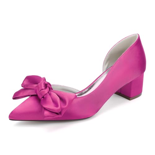HFWXYSA Damen Brautschuhe Closed Toe Chunky Heel Spitze Satin Pumps Slip on Hochzeitsschuhe,Rosa,41 EU von HFWXYSA