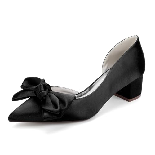HFWXYSA Damen Brautschuhe Closed Toe Chunky Heel Spitze Satin Pumps Slip on Hochzeitsschuhe,Schwarz,37 EU von HFWXYSA