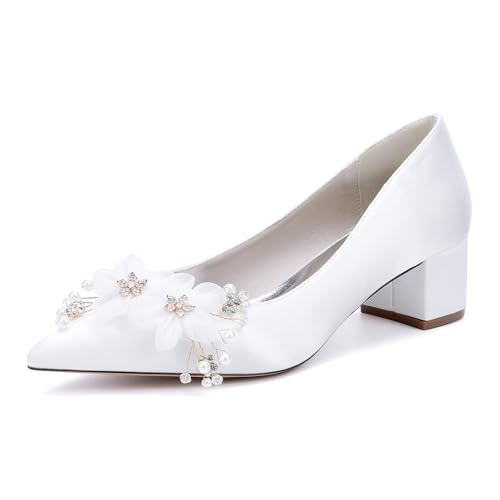 HFWXYSA Damen Brautschuhe Closed Toe Chunky Heel Spitze Satin Pumps Slip on Hochzeitsschuhe,Weiß,38 EU HFWXYSA Damen Brautschuhe Closed Toe Chunky Heel Spitze Satin Pumps Slip on Hochzeitsschuhe,Weiß,38 EU von HFWXYSA