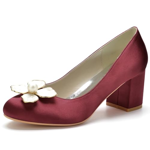 HFWXYSA Damen Brautschuhe Geschlossene Zehe 6 cm Blockabsatz Runde Zehen Satin Perlen Abend Party Hochzeitsschuhe,Burgundy,39 EU von HFWXYSA