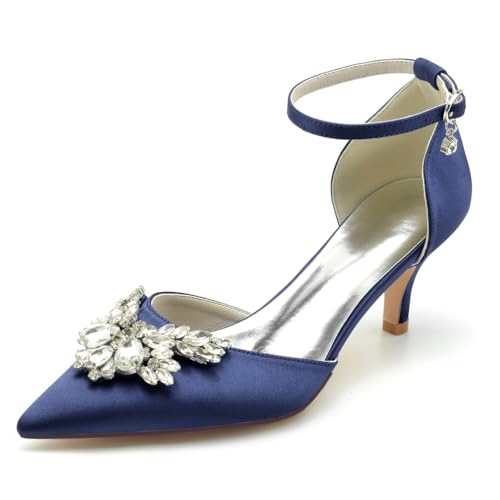 HFWXYSA Damen Brautschuhe Geschlossener Zeh Kätzchenabsatz Satin Pumps Knöchelriemen Hochzeitsschuhe mit Strass,Marine,38 EU von HFWXYSA