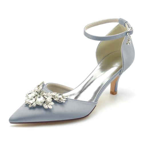 HFWXYSA Damen Brautschuhe Geschlossener Zeh Kätzchenabsatz Satin Pumps Knöchelriemen Hochzeitsschuhe mit Strass,Silber,37 EU von HFWXYSA