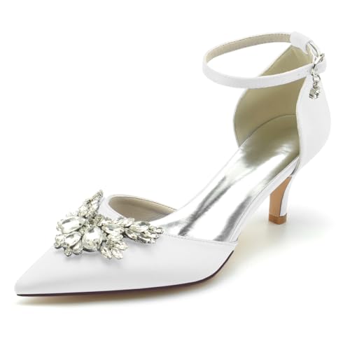 HFWXYSA Damen Brautschuhe Geschlossener Zeh Kätzchenabsatz Satin Pumps Knöchelriemen Hochzeitsschuhe mit Strass,Weiß,36 EU von HFWXYSA
