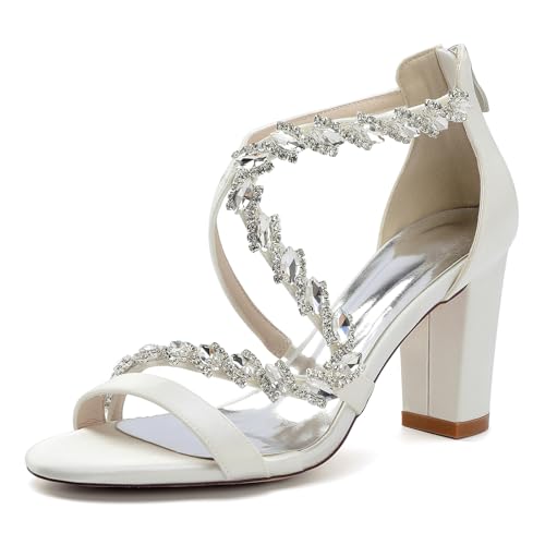 HFWXYSA Damen Brautschuhe Offene Zehen Hoher Blockabsatz Satin Strass Kreuzriemen Bequemes Brautkleid Pump-Sandalen,Elfenbein,40 EU HFWXYSA Damen Brautschuhe Offene Zehen Hoher Blockabsatz Satin Strass Kreuzriemen Bequemes Brautkleid Pump-Sandalen,Elfenbein,40 EU von HFWXYSA