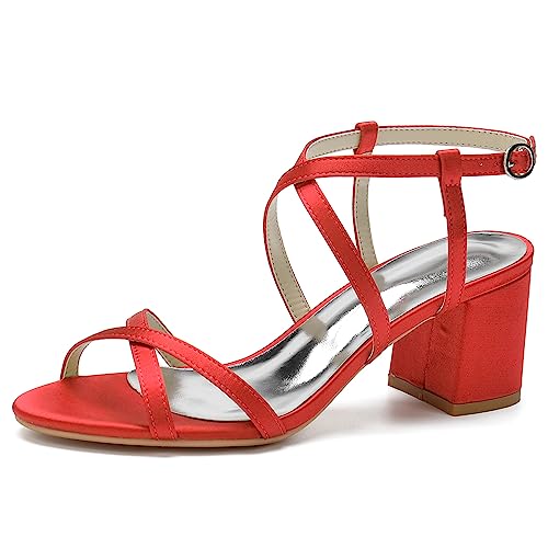 HFWXYSA Damen Brautschuhe Sandalen Blockabsatz Knöchelriemen Offene Zehen Satin Hochzeitsschuhe,Rot,35 EU von HFWXYSA
