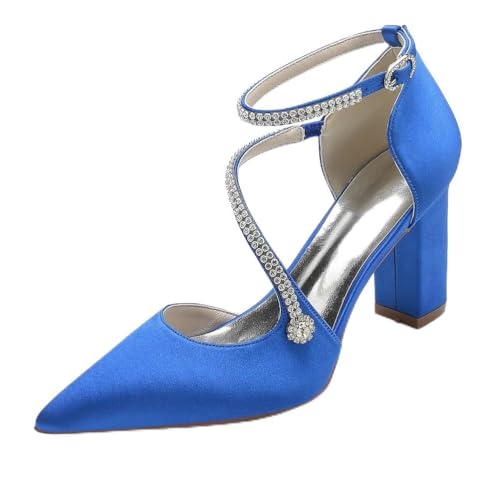 HFWXYSA Damen Chunky Blockabsatz Hochzeitsschuhe Elfenbein Spitze Zehen Satin Brautschuhe Strass Knöchelriemen Pumps,Blau,39 EU von HFWXYSA