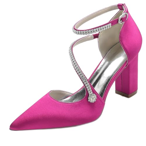 HFWXYSA Damen Chunky Blockabsatz Hochzeitsschuhe Elfenbein Spitze Zehen Satin Brautschuhe Strass Knöchelriemen Pumps,Burgundy,40 EU von HFWXYSA