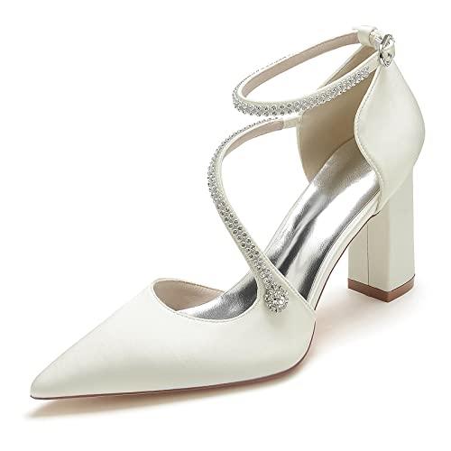 HFWXYSA Damen Chunky Blockabsatz Hochzeitsschuhe Elfenbein Spitze Zehen Satin Brautschuhe Strass Knöchelriemen Pumps,Elfenbein,43 EU von HFWXYSA