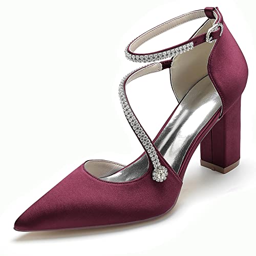 HFWXYSA Damen Chunky Blockabsatz Hochzeitsschuhe Elfenbein Spitze Zehen Satin Brautschuhe Strass Knöchelriemen Pumps,Fuchsia,38 EU von HFWXYSA