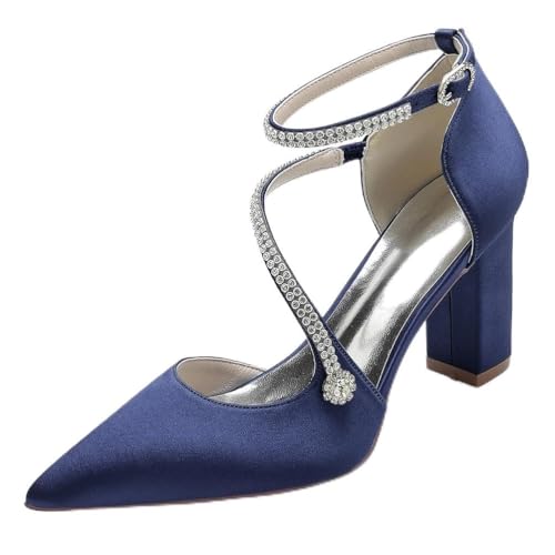 HFWXYSA Damen Chunky Blockabsatz Hochzeitsschuhe Elfenbein Spitze Zehen Satin Brautschuhe Strass Knöchelriemen Pumps,Marine,36 EU von HFWXYSA