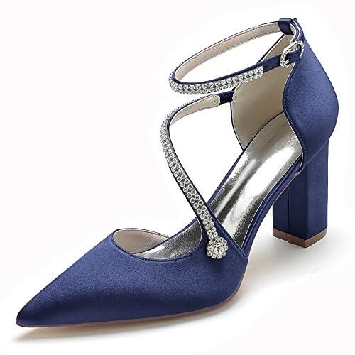 HFWXYSA Damen Chunky Blockabsatz Hochzeitsschuhe Elfenbein Spitze Zehen Satin Brautschuhe Strass Knöchelriemen Pumps,Marine,40 EU von HFWXYSA