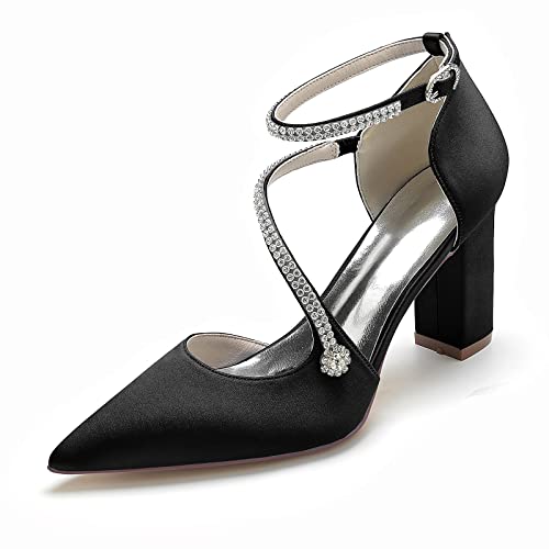 HFWXYSA Damen Chunky Blockabsatz Hochzeitsschuhe Elfenbein Spitze Zehen Satin Brautschuhe Strass Knöchelriemen Pumps,Schwarz,36 EU von HFWXYSA