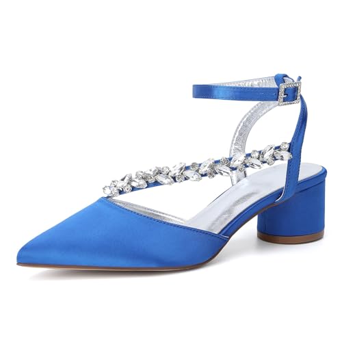 HFWXYSA Damen Chunky Blockabsatz Hoher High Absatz Heel Spitze Zehenkappe Knöchelriemen Two-Piece Pumps Hochzeit Dress 4.5 cm Heels mit Strass,Blau,36 EU von HFWXYSA