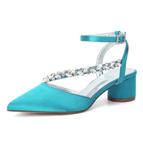 HFWXYSA Damen Chunky Blockabsatz Hoher High Absatz Heel Spitze Zehenkappe Knöchelriemen Two-Piece Pumps Hochzeit Dress 4.5 cm Heels mit Strass,Blue Green,43 EU von HFWXYSA