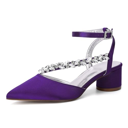 HFWXYSA Damen Chunky Blockabsatz Hoher High Absatz Heel Spitze Zehenkappe Knöchelriemen Two-Piece Pumps Hochzeit Dress 4.5 cm Heels mit Strass,Dark Purple,39 EU von HFWXYSA