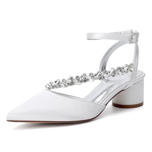 HFWXYSA Damen Chunky Blockabsatz Hoher High Absatz Heel Spitze Zehenkappe Knöchelriemen Two-Piece Pumps Hochzeit Dress 4.5 cm Heels mit Strass,Elfenbein,39 EU von HFWXYSA