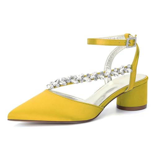 HFWXYSA Damen Chunky Blockabsatz Hoher High Absatz Heel Spitze Zehenkappe Knöchelriemen Two-Piece Pumps Hochzeit Dress 4.5 cm Heels mit Strass,Gelb,40 EU von HFWXYSA
