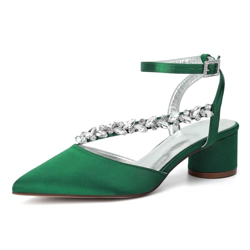 HFWXYSA Damen Chunky Blockabsatz Hoher High Absatz Heel Spitze Zehenkappe Knöchelriemen Two-Piece Pumps Hochzeit Dress 4.5 cm Heels mit Strass,Grün,43 EU von HFWXYSA