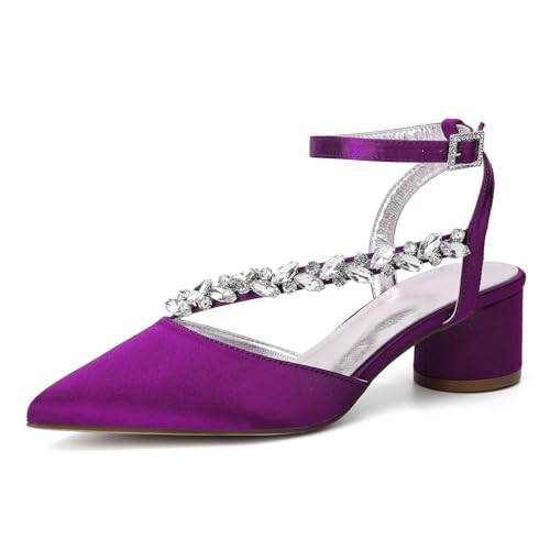 HFWXYSA Damen Chunky Blockabsatz Hoher High Absatz Heel Spitze Zehenkappe Knöchelriemen Two-Piece Pumps Hochzeit Dress 4.5 cm Heels mit Strass,Lila,38 EU von HFWXYSA
