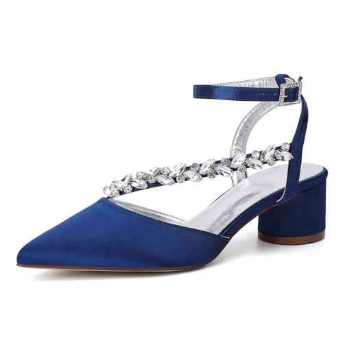 HFWXYSA Damen Chunky Blockabsatz Hoher High Absatz Heel Spitze Zehenkappe Knöchelriemen Two-Piece Pumps Hochzeit Dress 4.5 cm Heels mit Strass,Marine,42 EU von HFWXYSA