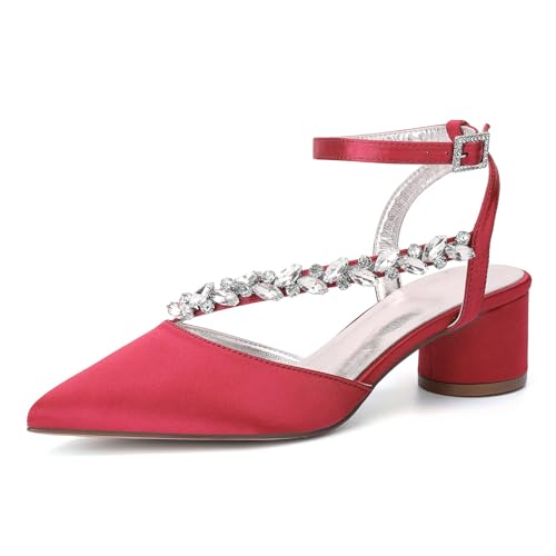HFWXYSA Damen Chunky Blockabsatz Hoher High Absatz Heel Spitze Zehenkappe Knöchelriemen Two-Piece Pumps Hochzeit Dress 4.5 cm Heels mit Strass,Rot,37 EU von HFWXYSA
