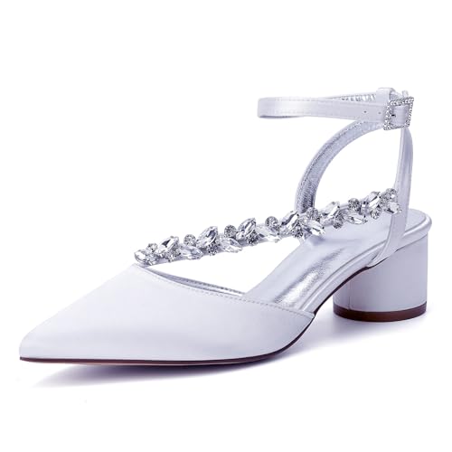 HFWXYSA Damen Chunky Blockabsatz Hoher High Absatz Heel Spitze Zehenkappe Knöchelriemen Two-Piece Pumps Hochzeit Dress 4.5 cm Heels mit Strass,Weiß,39 EU von HFWXYSA