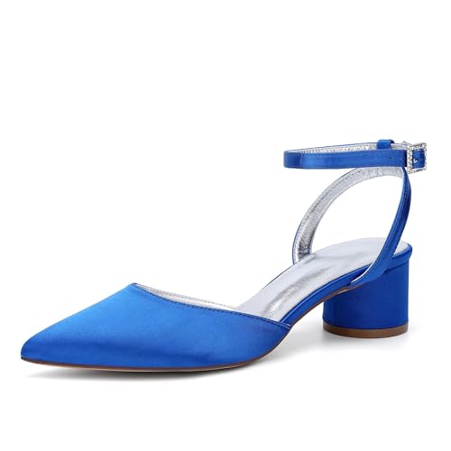 HFWXYSA Damen Chunky Blockabsatz Niedrige Absatz Geschlossene Spitze Zehenkappe Slingback Pumps Schnalle Cute Dress Büroschuhe,Blau,36 EU von HFWXYSA