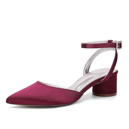 HFWXYSA Damen Chunky Blockabsatz Niedrige Absatz Geschlossene Spitze Zehenkappe Slingback Pumps Schnalle Cute Dress Büroschuhe,Burgundy,41 EU von HFWXYSA