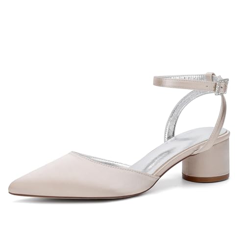 HFWXYSA Damen Chunky Blockabsatz Niedrige Absatz Geschlossene Spitze Zehenkappe Slingback Pumps Schnalle Cute Dress Büroschuhe,Champagne,42 EU von HFWXYSA