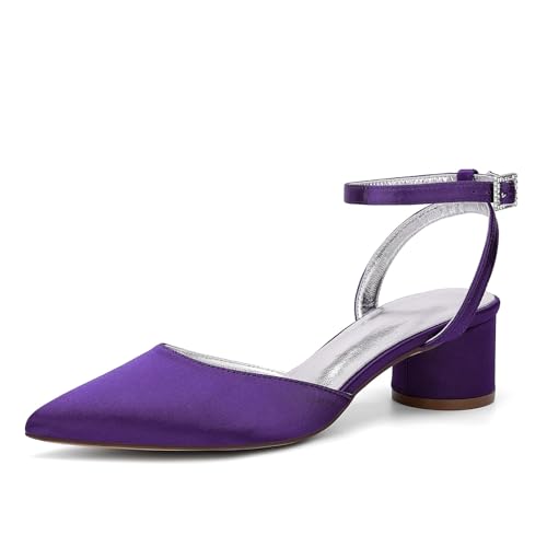 HFWXYSA Damen Chunky Blockabsatz Niedrige Absatz Geschlossene Spitze Zehenkappe Slingback Pumps Schnalle Cute Dress Büroschuhe,Dark Purple,43 EU von HFWXYSA