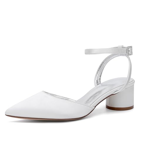 HFWXYSA Damen Chunky Blockabsatz Niedrige Absatz Geschlossene Spitze Zehenkappe Slingback Pumps Schnalle Cute Dress Büroschuhe,Elfenbein,42 EU von HFWXYSA