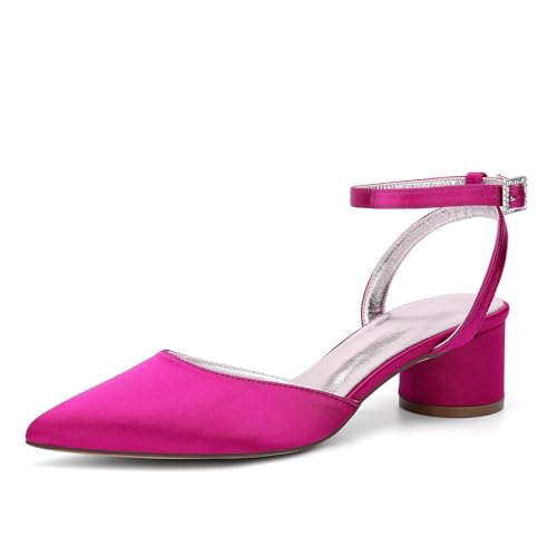 HFWXYSA Damen Chunky Blockabsatz Niedrige Absatz Geschlossene Spitze Zehenkappe Slingback Pumps Schnalle Cute Dress Büroschuhe,Fuchsia,43 EU von HFWXYSA